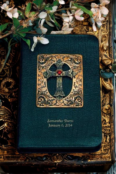 Antiqued Brass and Garnet Cross Bible - Choice of KJV or NKJV Compact Edition