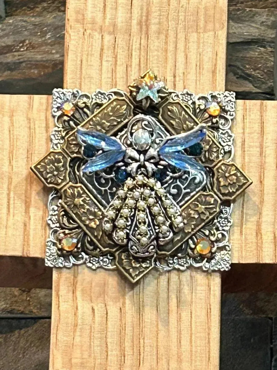Quarter Sawn Oak Wall or Table Cross Jeweled. Guardian Angel Love - DeMartineau