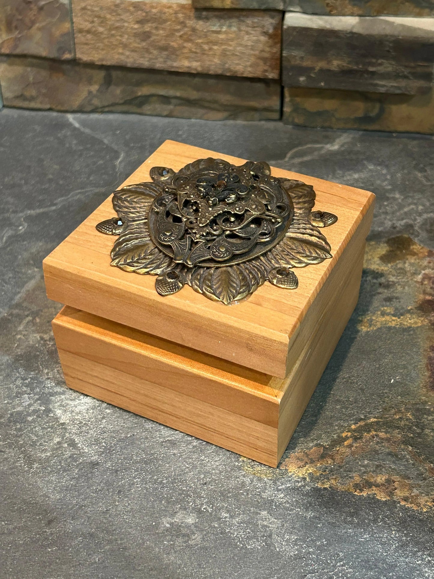 Dacole Designs French inspired jeweled wooden box with intricate metal floral decoration on lid