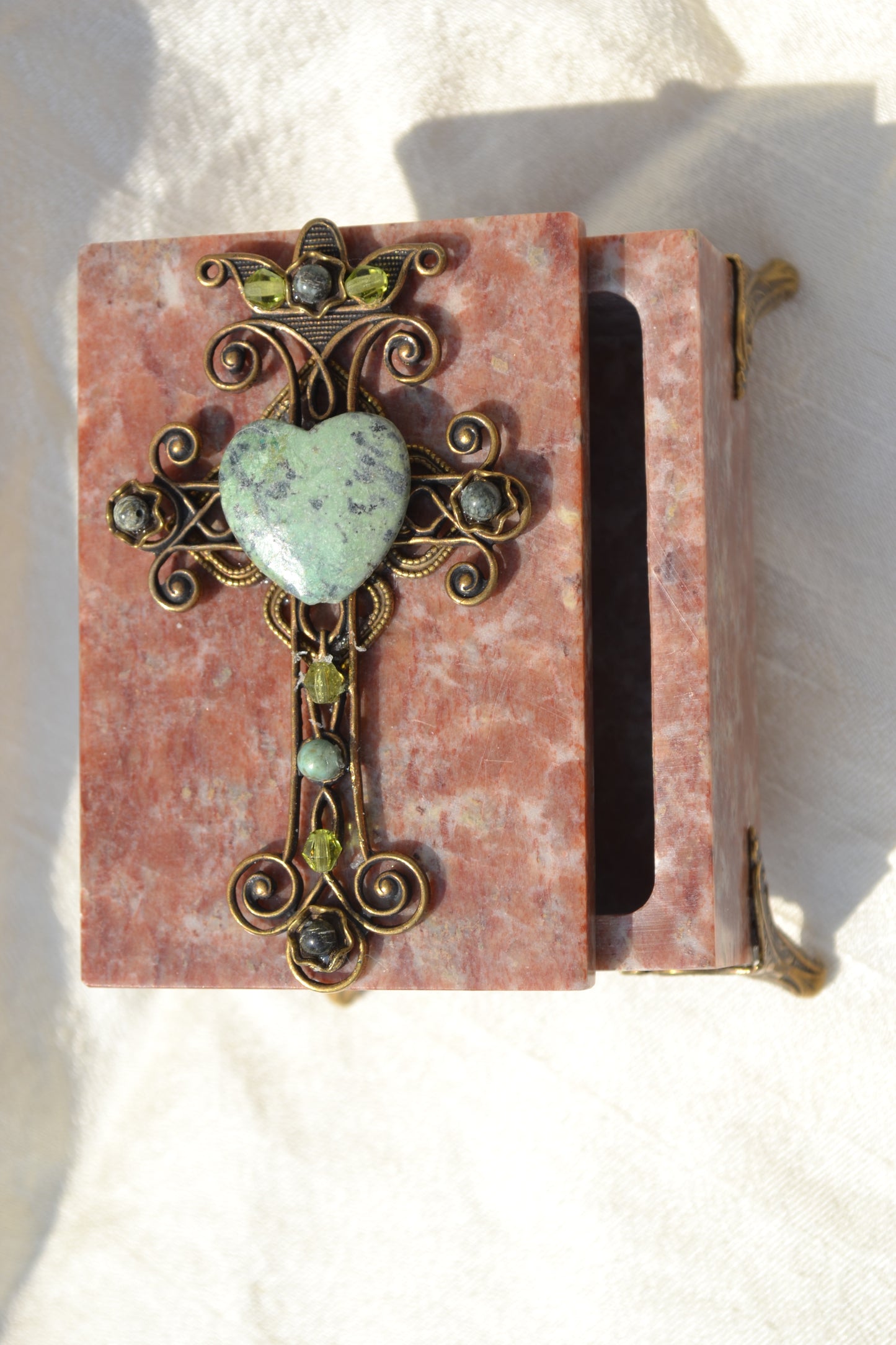 Jo Marz jeweled cross soapstone box with decorative heart and green gemstone accents