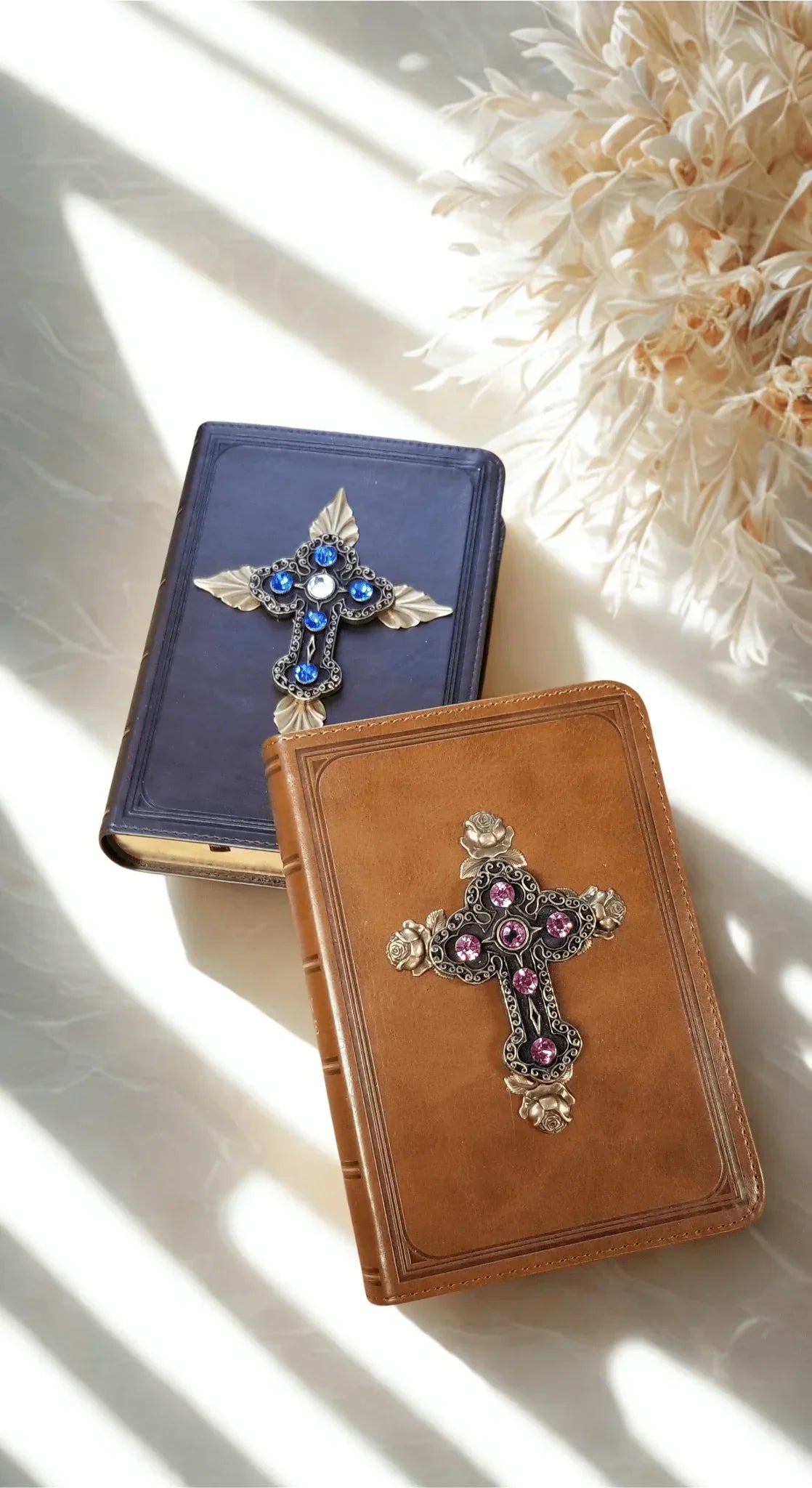 Jeweled KJV Bibles with ornate cross covers in blue and brown leather, artisan Christian gifts