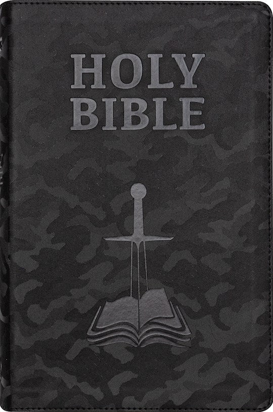 DeMartineau personalized NASB 1995 children's Bible with black camo cover and sword design
