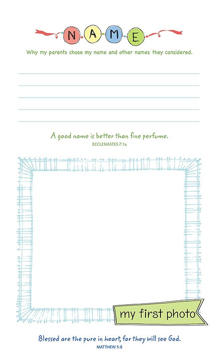 DeMartineau personalized page for baby’s first photo with name and Bible verses NIV baby Bible blue leathersoft