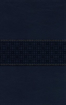 NIV thinline reference Bible navy leather cover with subtle patterned band design by DeMartineau