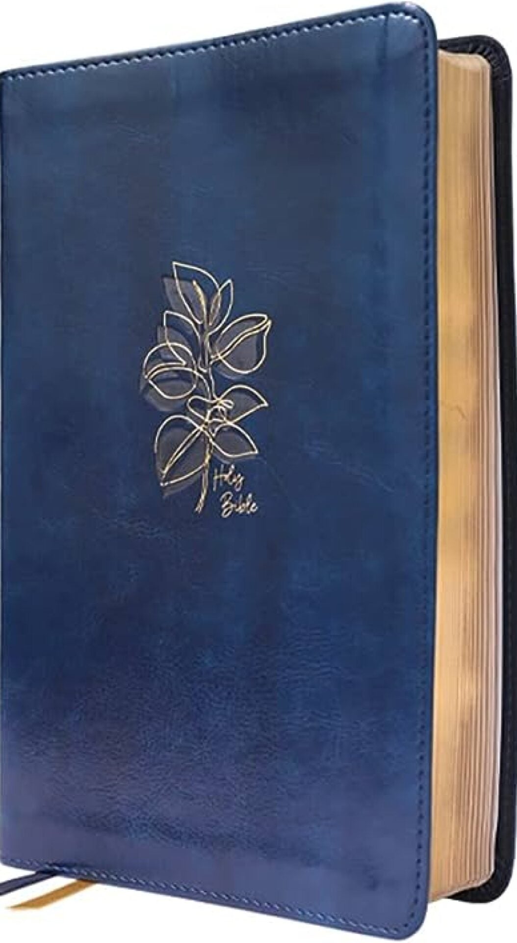 NIV Women's Devotional Bible leather navy with gold leaf design and gold-edged pages