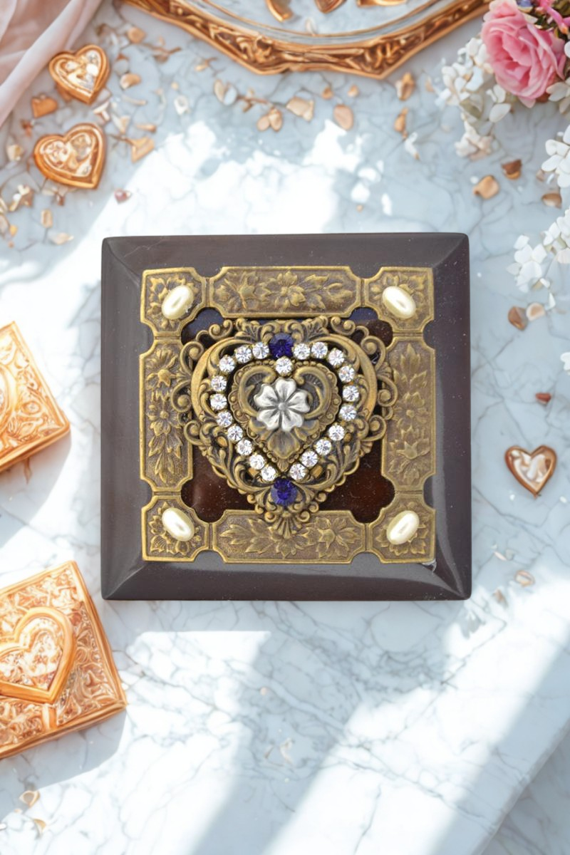 Dacole Designs purple heart wood keepsake box with ornate gold and gemstone heart decoration