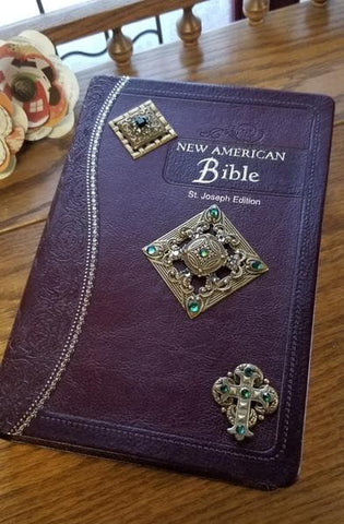 NCV Ornate Brass Jeweled Bible Burgundy