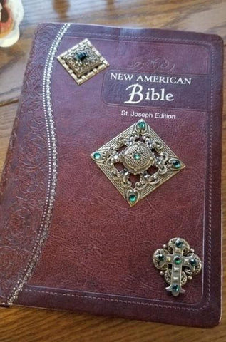 NAB Ornate Brass Jeweled Bible Brown