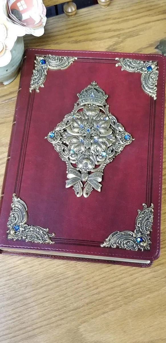 KJV Ornate Brass with Blue Stones Super Giant Print Jeweled Bible Burgundy - DeMartineau