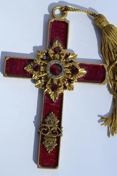 Hanging Cross with Tassel ~ Red and Gold Enameled - DeMartineau