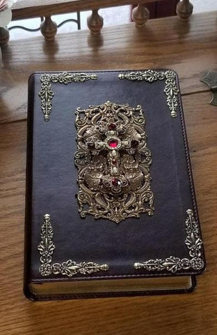 ESV Decorated Cross with Ruby Crystals Jeweled Bible Mahogany RETIRED