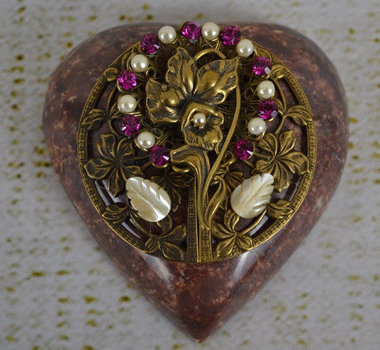 Dacole Designs heart paperweight flower magenta with brass floral details and pearl accents