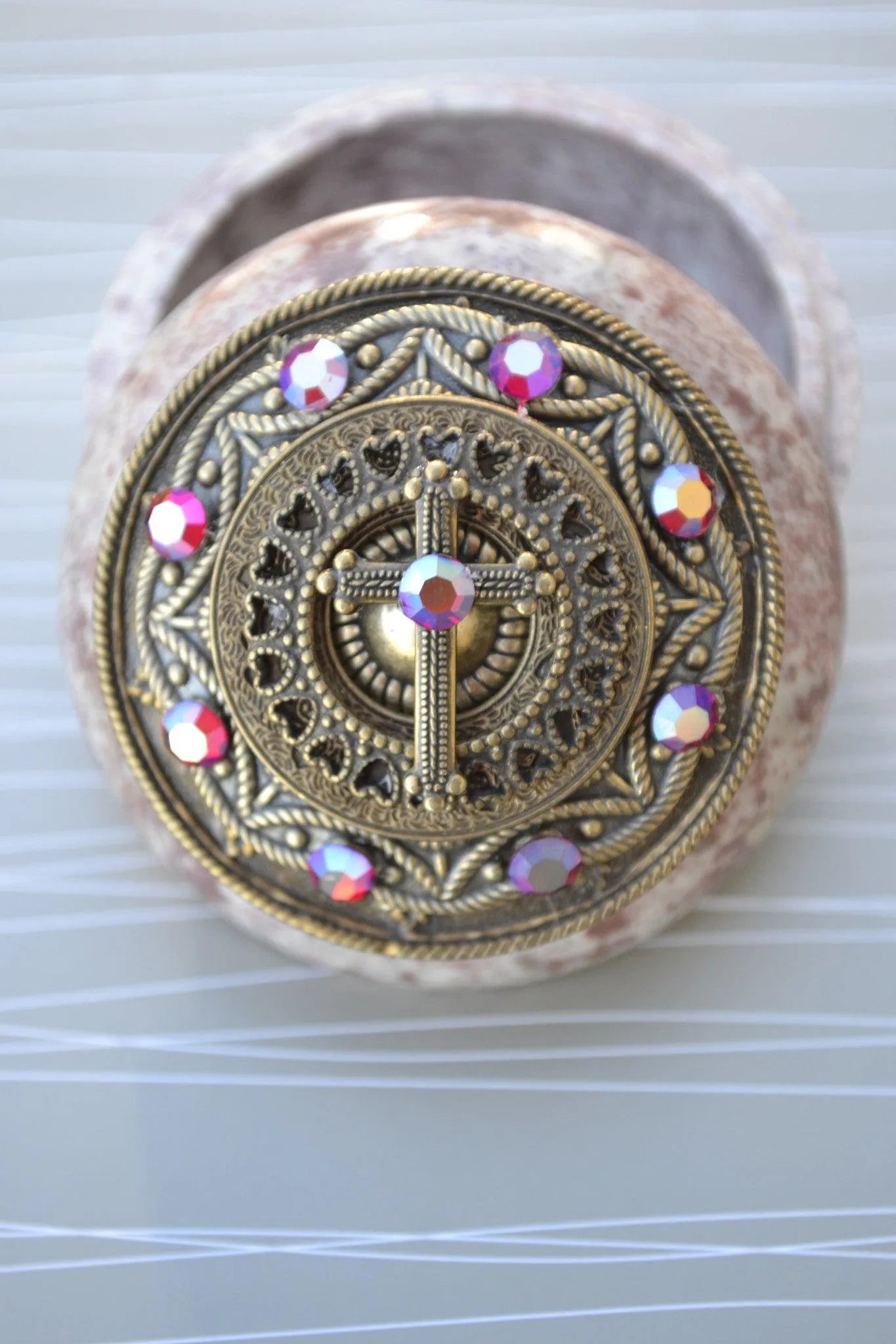 Jo Marz jeweled Aurora Borealis crystal cross box keepsake with ornate gold design and colorful crystal accents