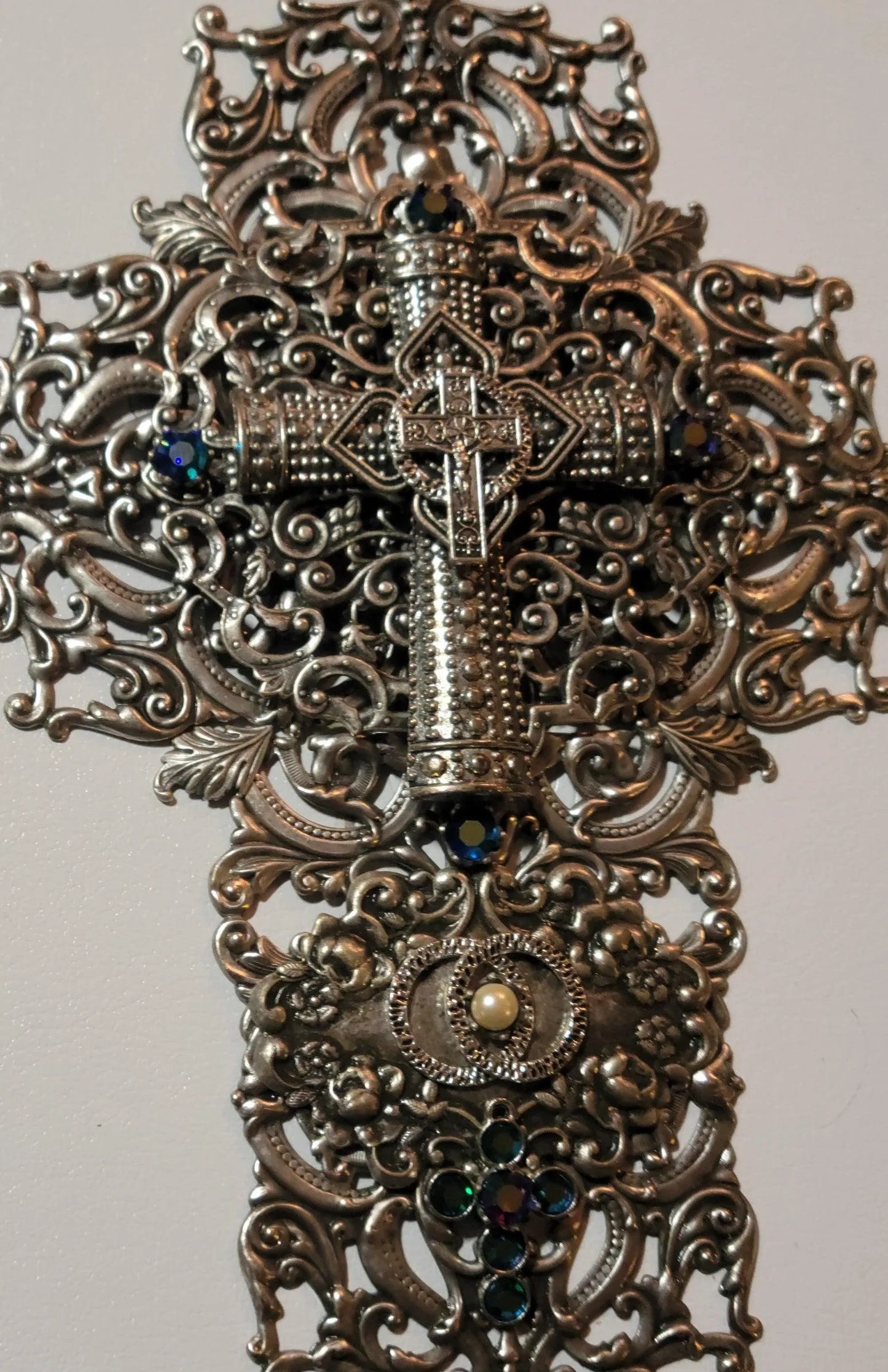 Dacole Designs jeweled Catholic wedding Bible with ornate silver cross and intricate gemstone detailing