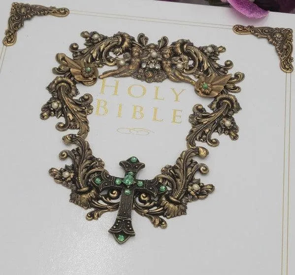 Dacole Designs family size jeweled family Bible keepsake with ornate gold detailing and green gem accents