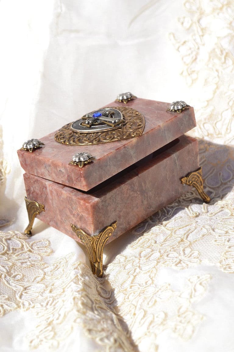 Dacole Designs jeweled heart and cross soapstone box with ornate metal legs and decorative accents