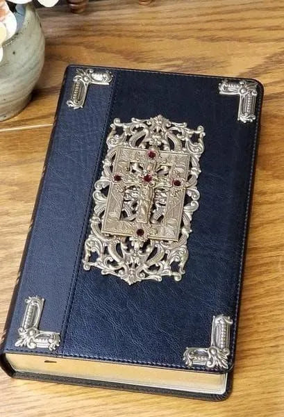 Ornate jeweled KJV Bible giant print with decorative silver corners and red gem accents on black cover