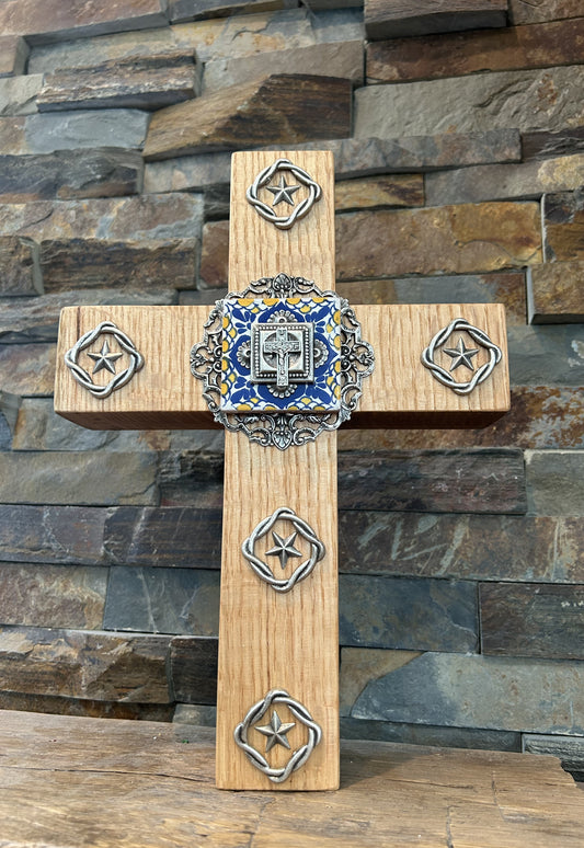 Quarter Sawn Oak Wall or Table Cross Jeweled Spanish Floral Journey