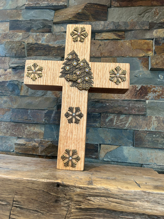 Quarter Sawn Oak Wall or Table Cross Jeweled Holiday Bliss - DeMartineau