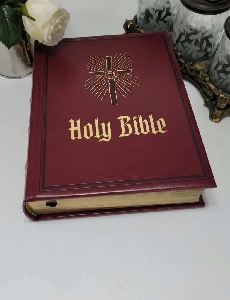 DeMartineau personalized Catholic family heirloom Bible with maroon cover and gold embossed cross and text