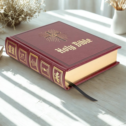 DeMartineau Catholic family heirloom Bible with burgundy leather cover and gold embossed details