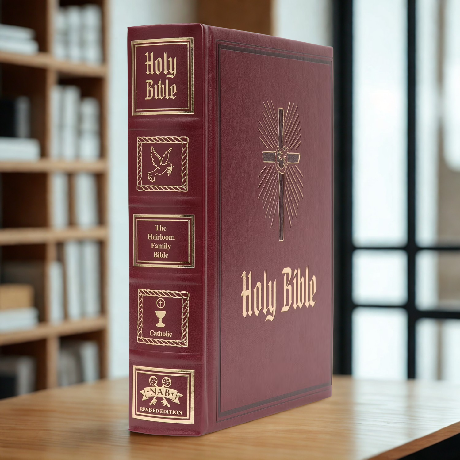 DeMartineau Catholic family heirloom Bible in burgundy leather with gold embossed cross and lettering