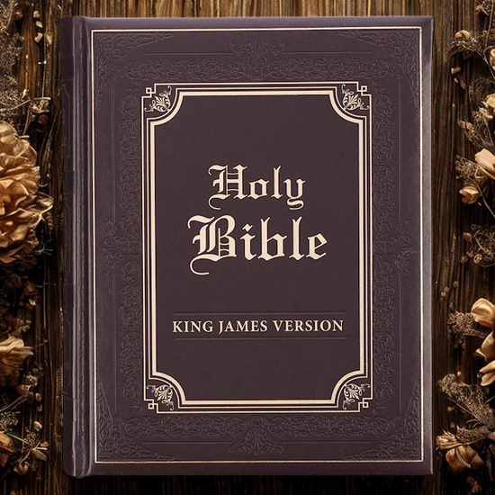 Dark brown faux leather King James Bible with embossed cover and gold lettering by DeMartineau