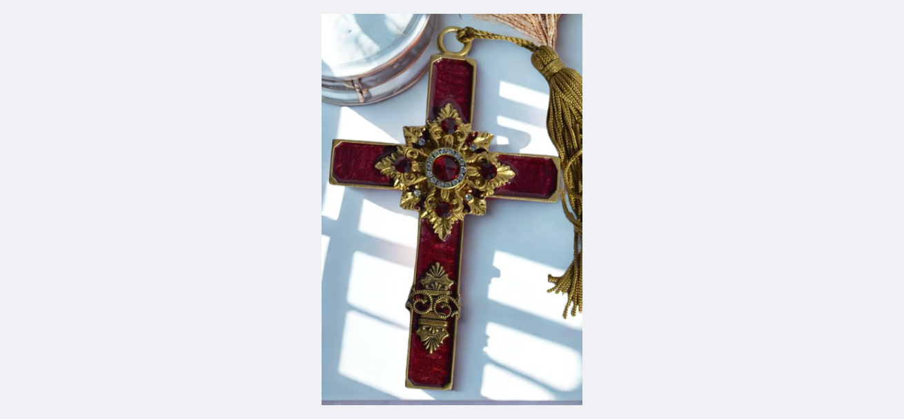 Dacole Designs jeweled cross ornament wall cross with red and gold decorative accents and tassel