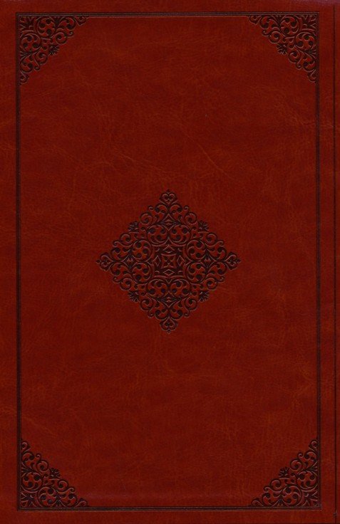 DeMartineau ESV large print thinline Bible with brown leather cover and embossed decorative design