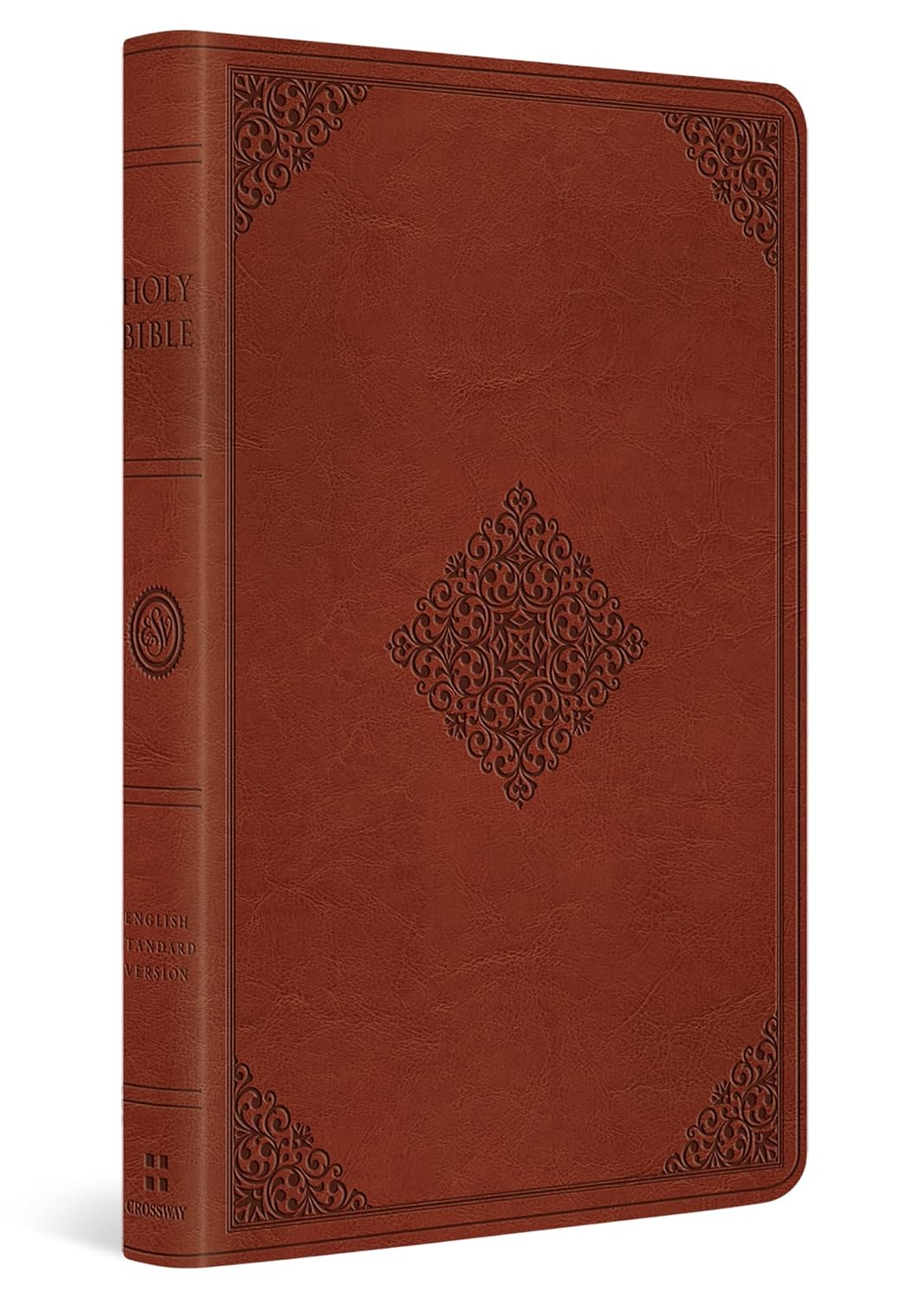 DeMartineau personalized ESV large print thinline Bible in brown leather with decorative embossed corners and center design