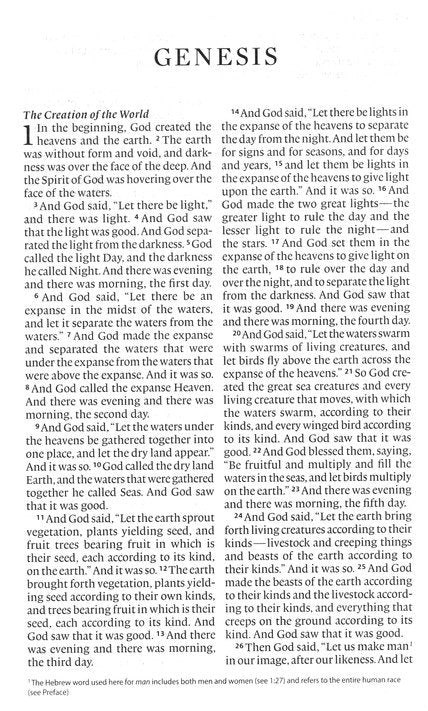 ESV large print thinline Bible open to the book of Genesis with clear text and easy-to-read font