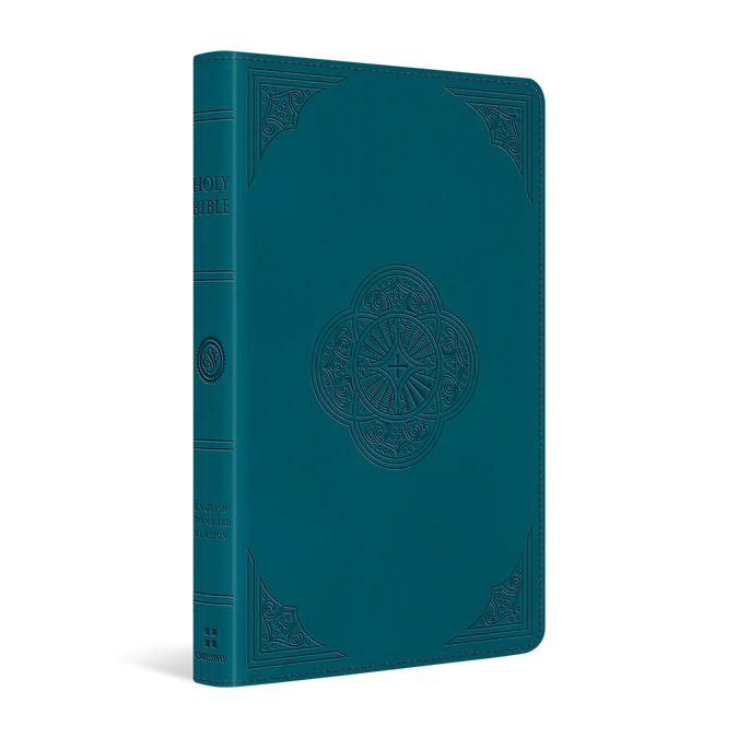 ESV thinline Bible leather teal with intricate embossed cover design by DeMartineau