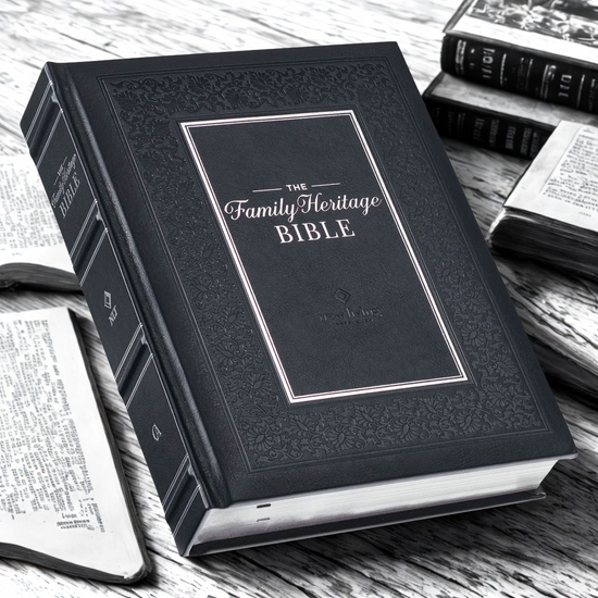 DeMartineau family heritage Bible hardcover with embossed black leather cover on wooden table