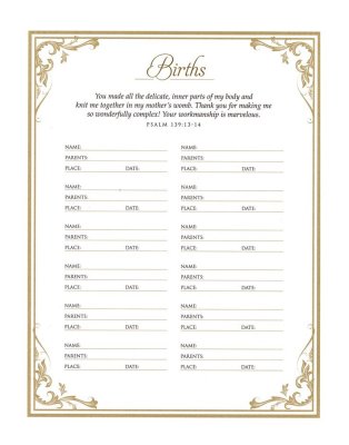 DeMartineau family heritage Bible hardcover personalized birth record page with elegant gold decorative border
