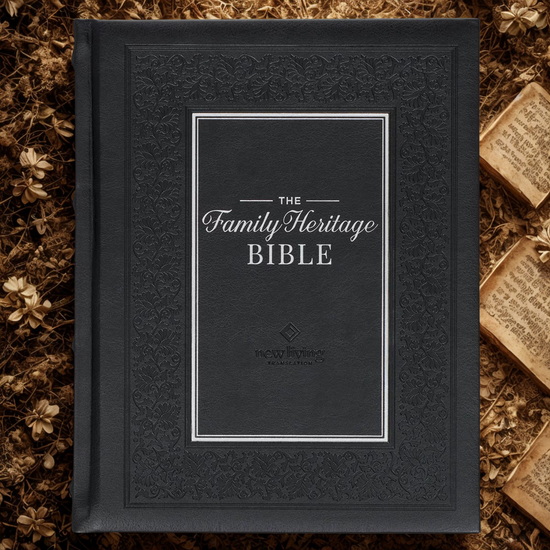 DeMartineau family heritage Bible hardcover with embossed black cover and decorative border design