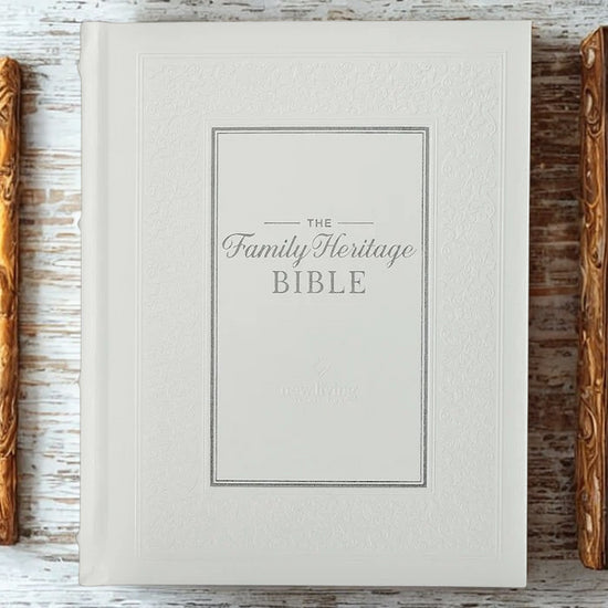 DeMartineau Family Heritage Bible white hardcover with elegant embossed design and silver lettering