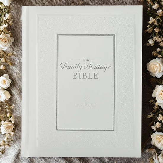 DeMartineau Family Heritage Bible white hardcover with elegant embossed floral design and silver lettering