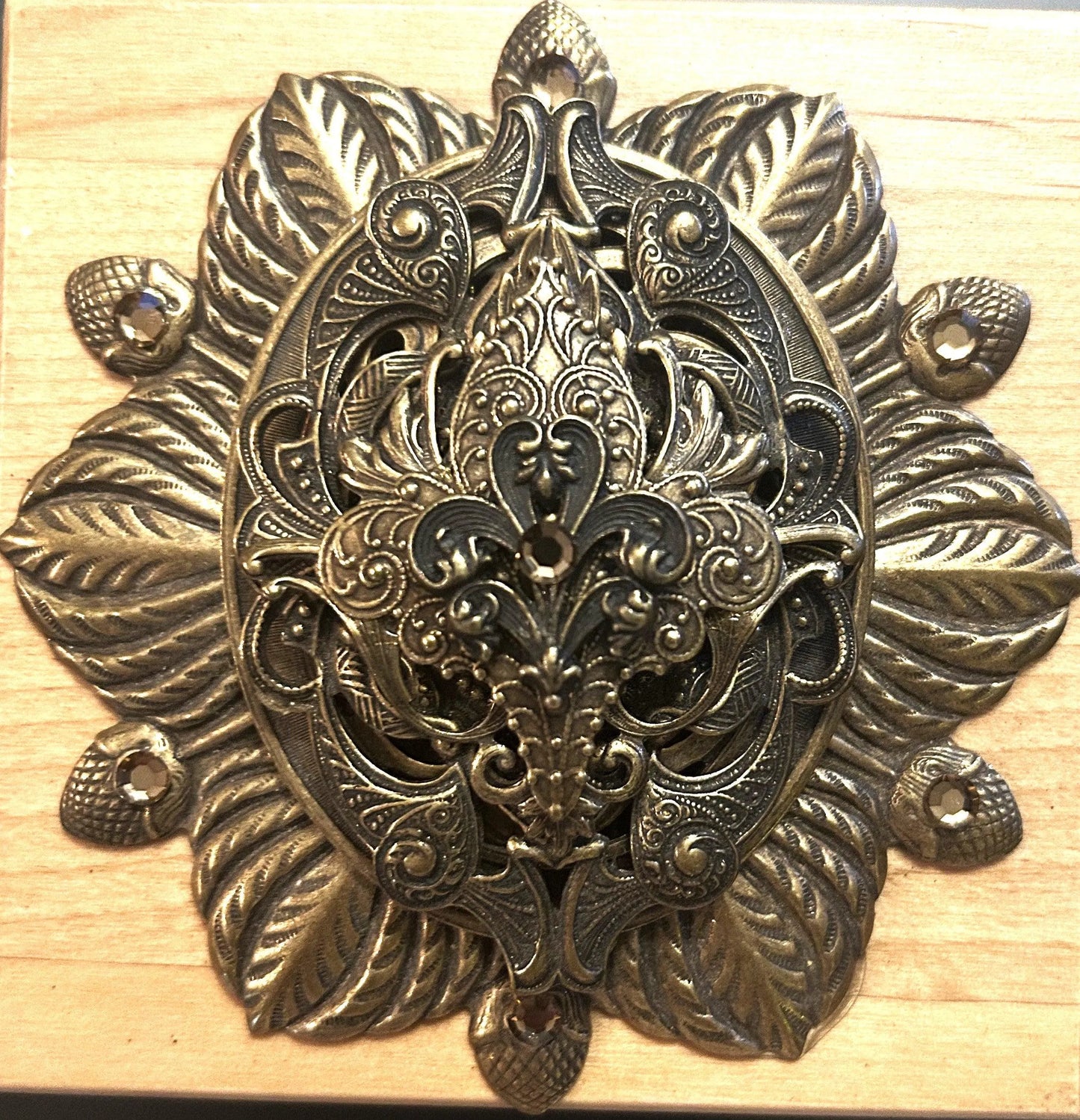 French inspired jeweled wooden box by Dacole Designs featuring intricate ornate metal detailing