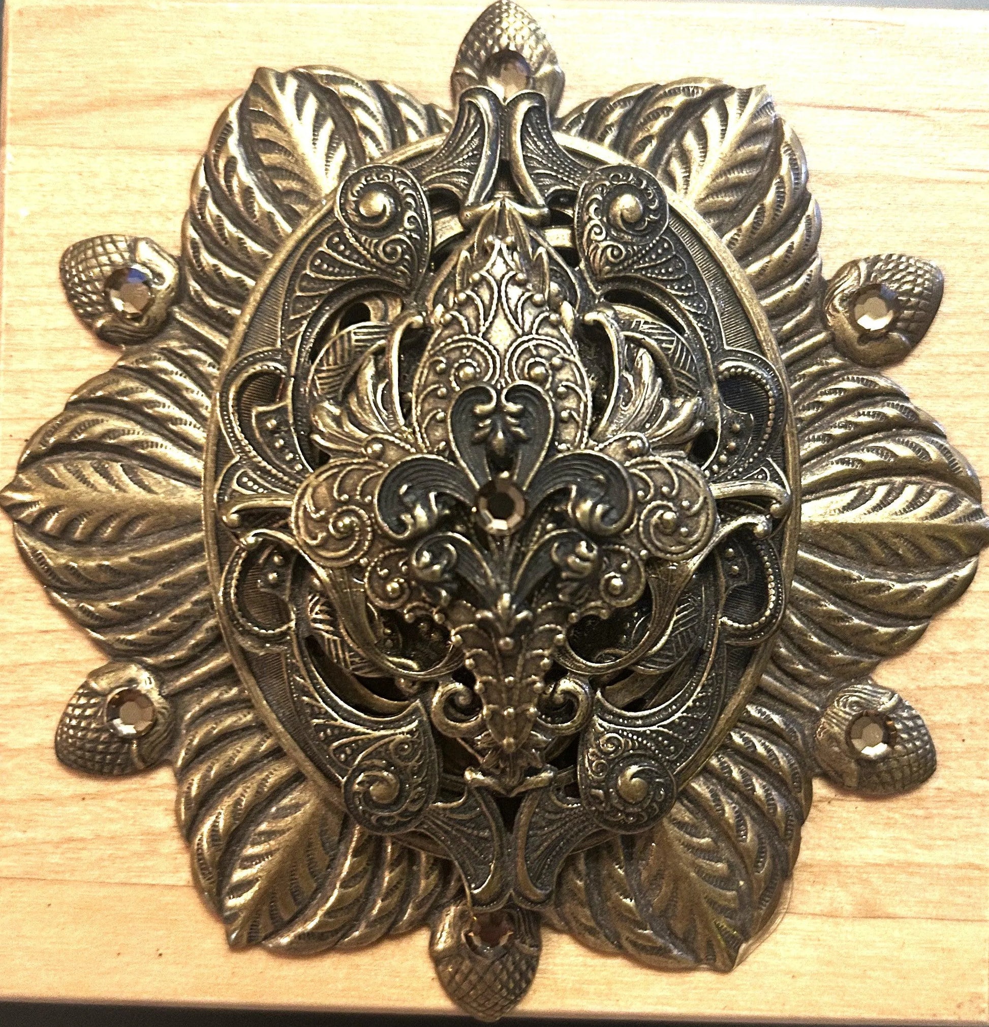 French inspired jeweled wooden box by Dacole Designs featuring intricate ornate metal detailing