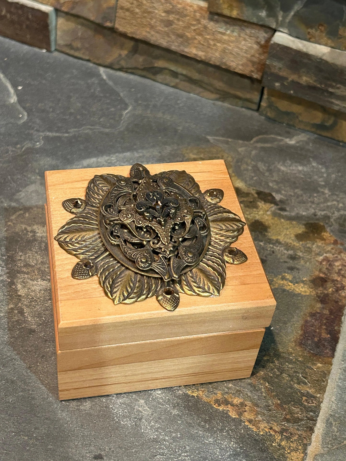 Dacole Designs French inspired jeweled wooden box with intricate bronze floral decoration on lid