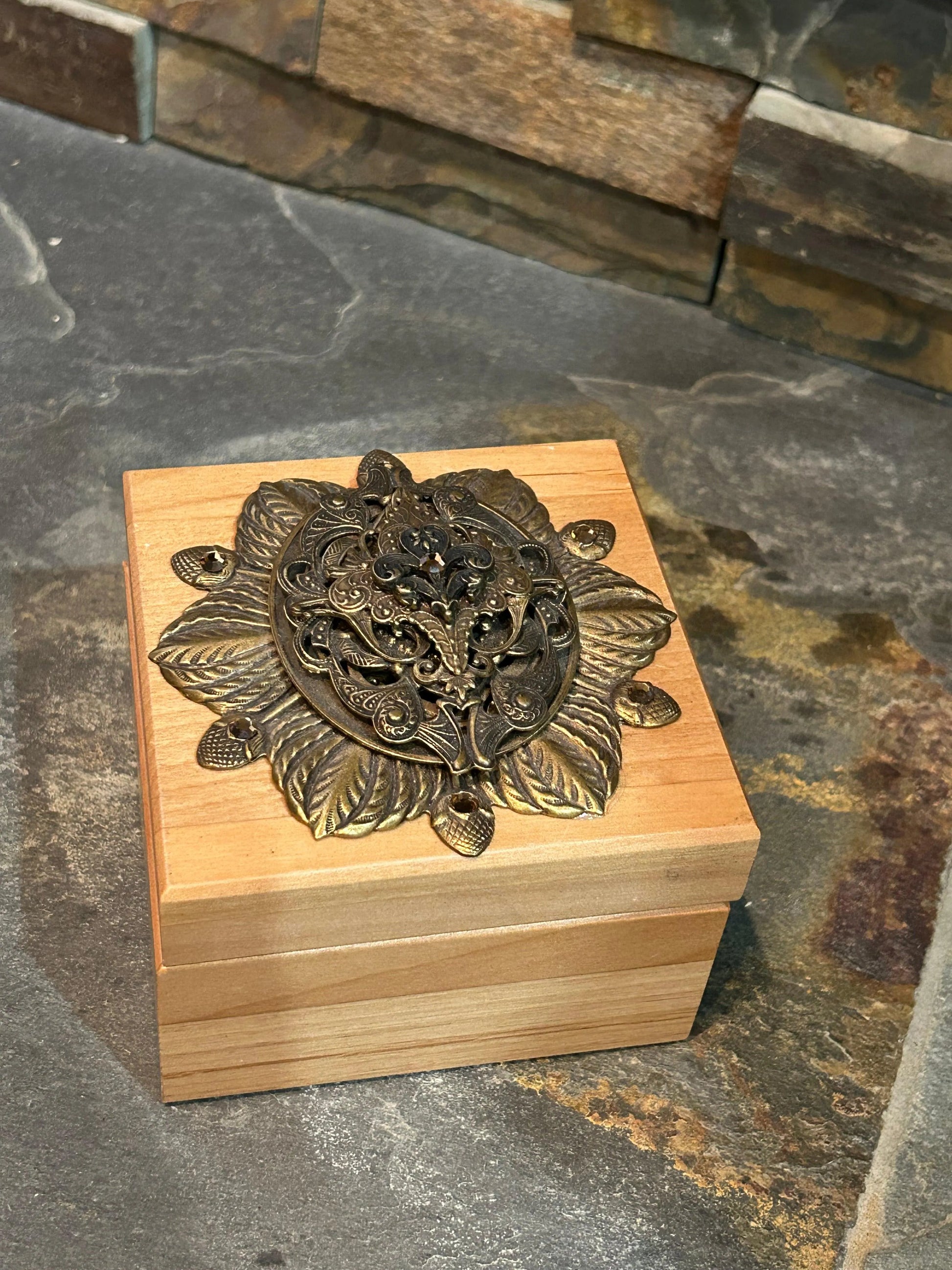Dacole Designs French inspired jeweled wooden box with intricate bronze floral decoration on lid