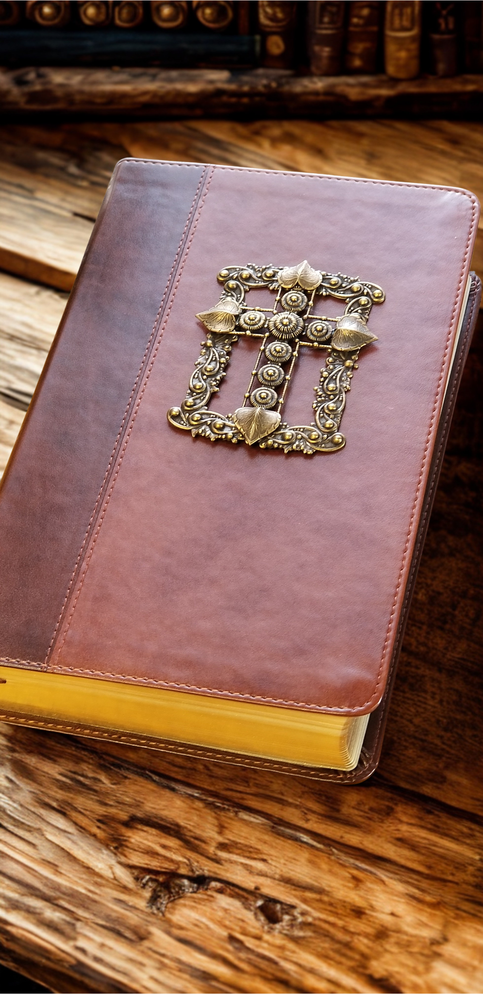 Dacole Designs personal size giant print jeweled KJV Bible with ornate metal cross on brown leather cover