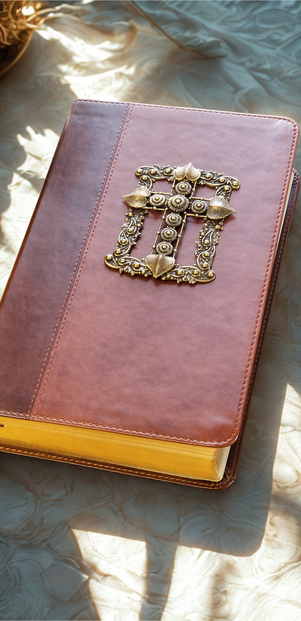 Personal size giant print jeweled KJV Bible by Dacole Designs with brown leather cover and ornate gold cross
