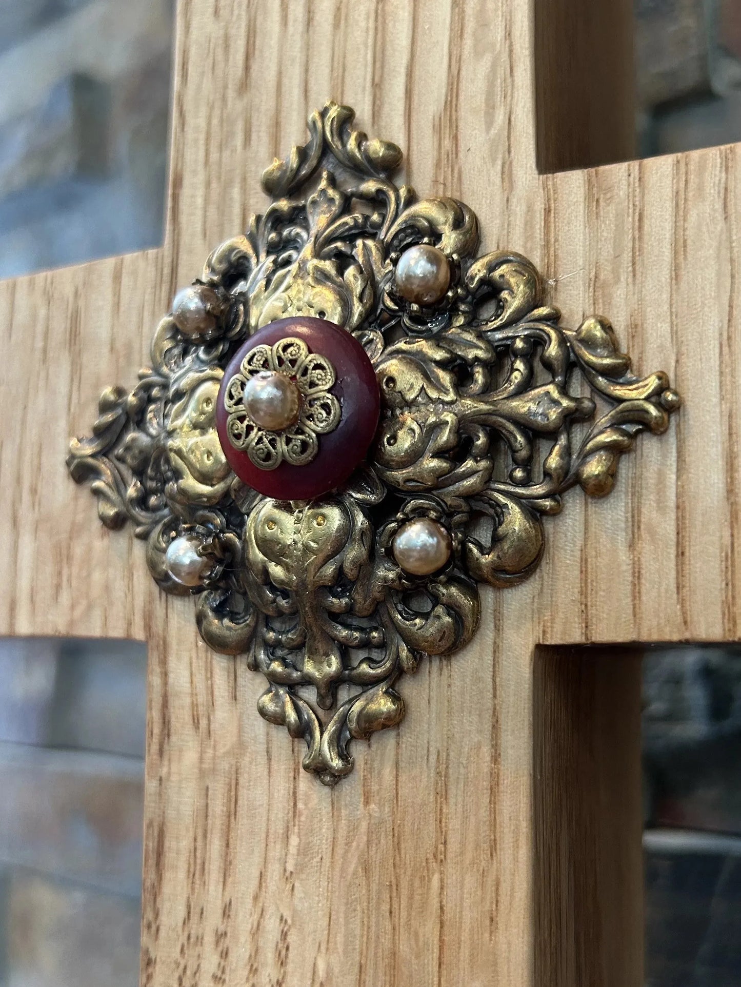 Handcrafted jeweled oak cross by Dacole Designs featuring ornate gold and pearl embellishments