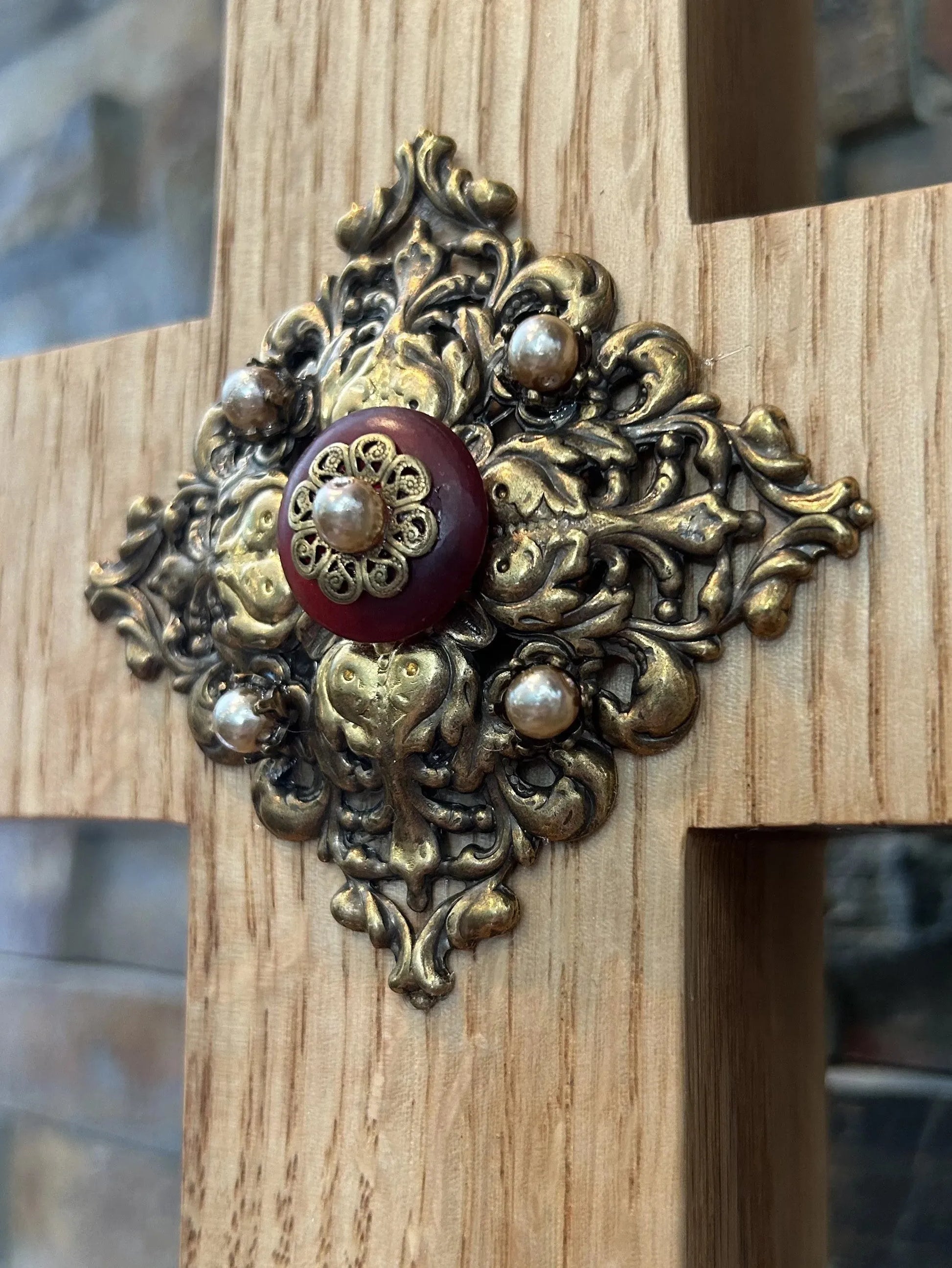 Handcrafted jeweled oak cross by Dacole Designs featuring ornate gold and pearl embellishments