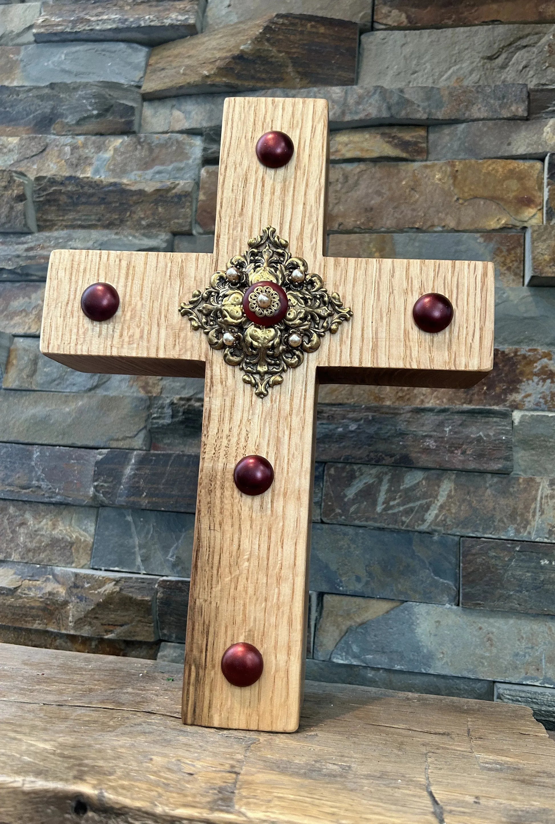 Handcrafted jeweled oak cross wall decor with ornate metal centerpiece and red jewels by Dacole Designs