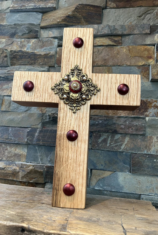 Handcrafted jeweled oak cross wall decor with ornate metal centerpiece and red jewels by Dacole Designs