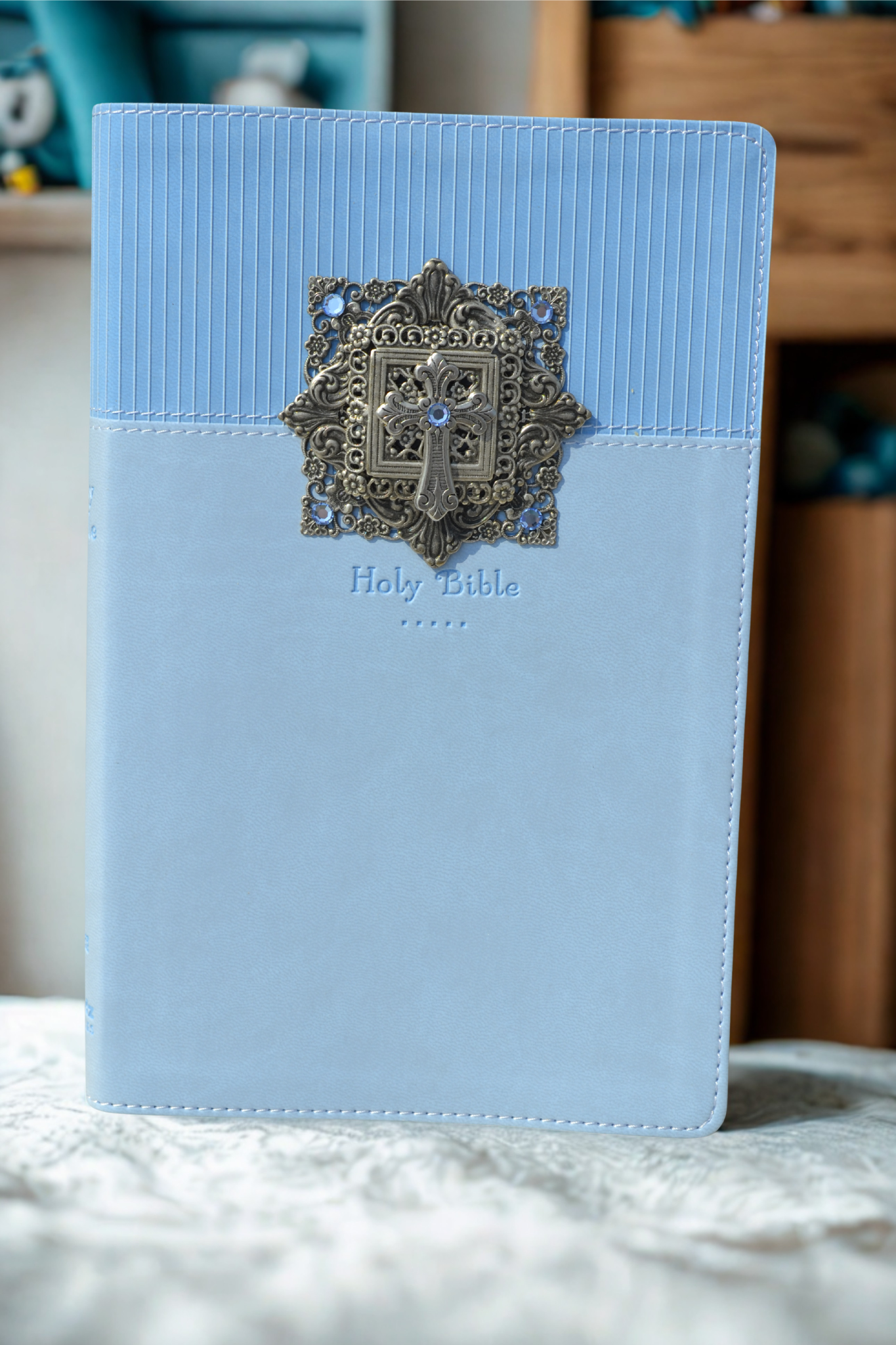 Dacole Designs personal size jeweled baby keepsake Bible with blue cover and decorative silver cross