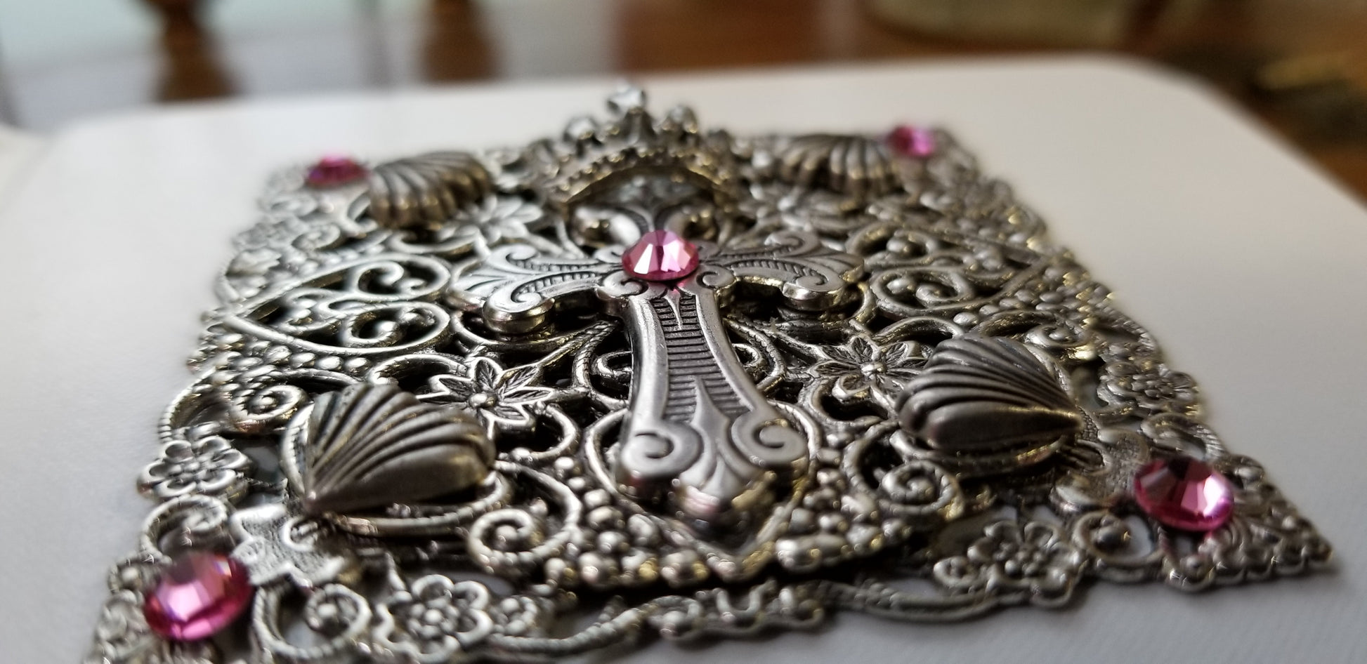 Dacole Designs personal size jeweled baby keepsake Bible with ornate silver cross and pink gems