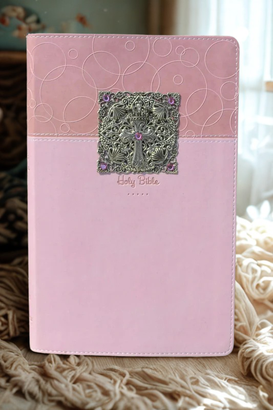 Dacole Designs personal size jeweled baby keepsake Bible in pink with decorative silver cross and purple jewels